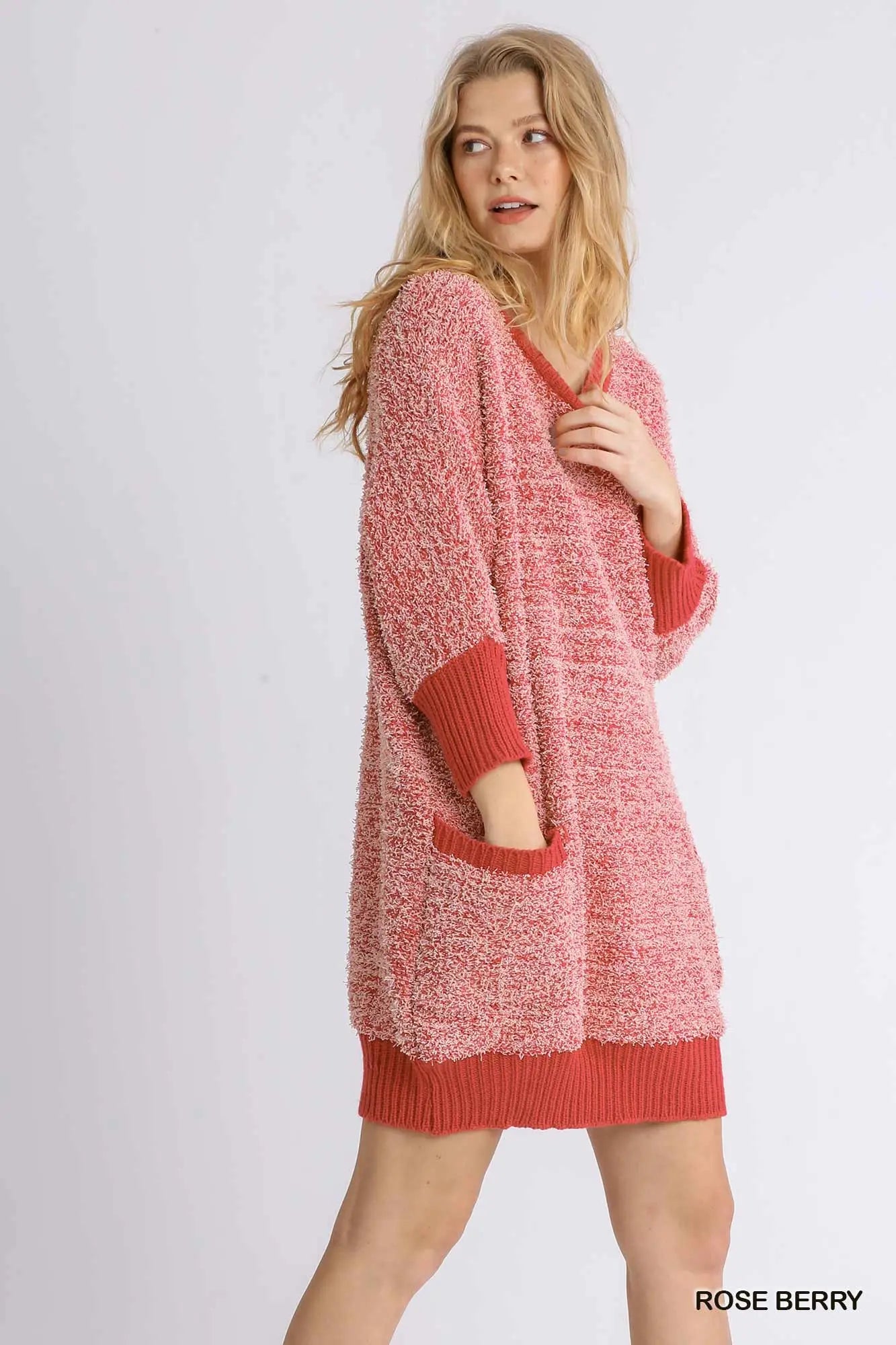 Umgee Round Neck 3/4 Sleeve Sweater Dress with Pockets and Ribbed Hem S-2X