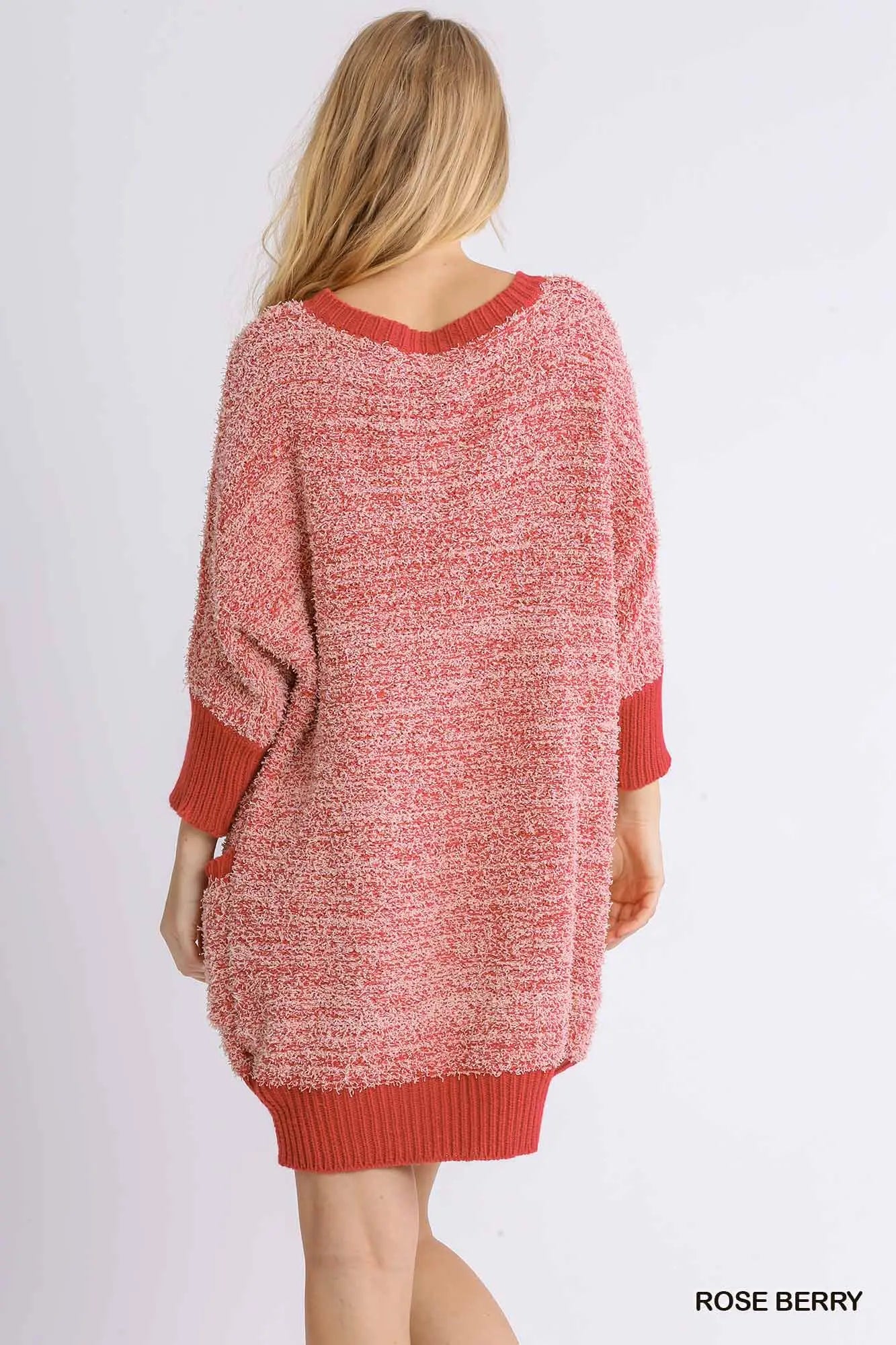 Umgee Round Neck 3/4 Sleeve Sweater Dress with Pockets and Ribbed Hem S-2X