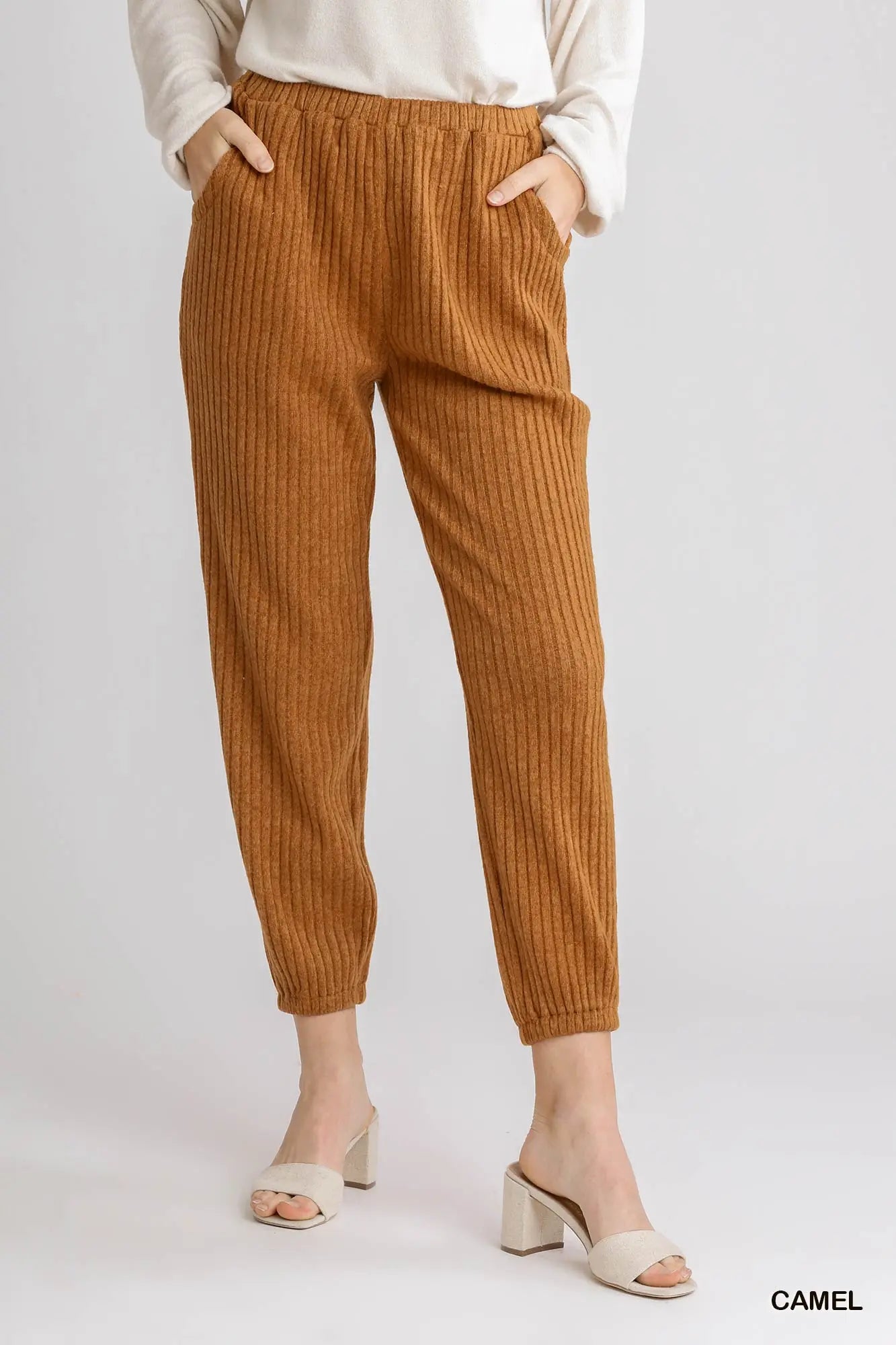 Umgee Ribbed Knit Jogger with Elastic Waistband and Pockets - camel