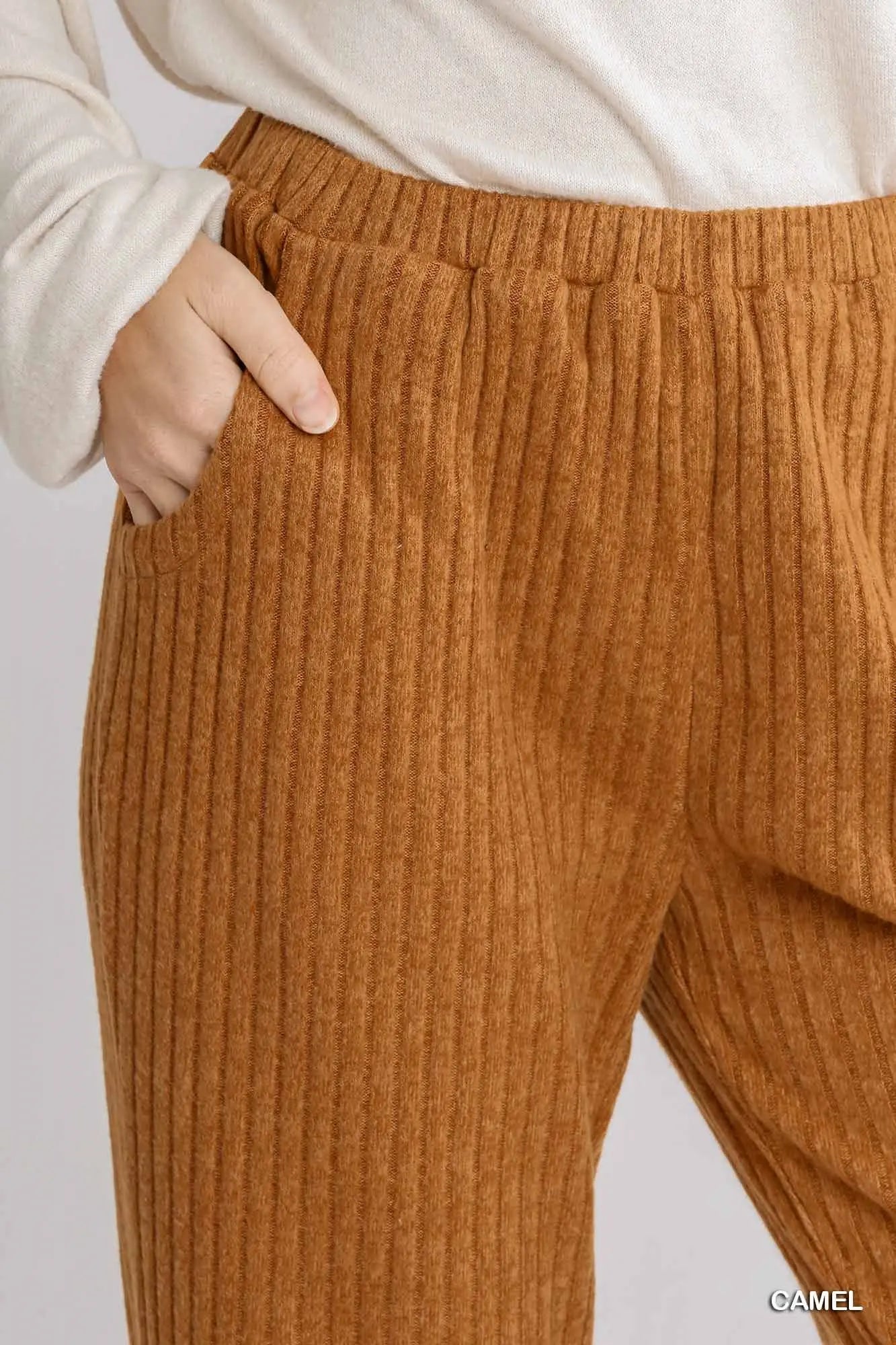 Umgee Ribbed Knit Jogger with Elastic Waistband and Pockets - camel