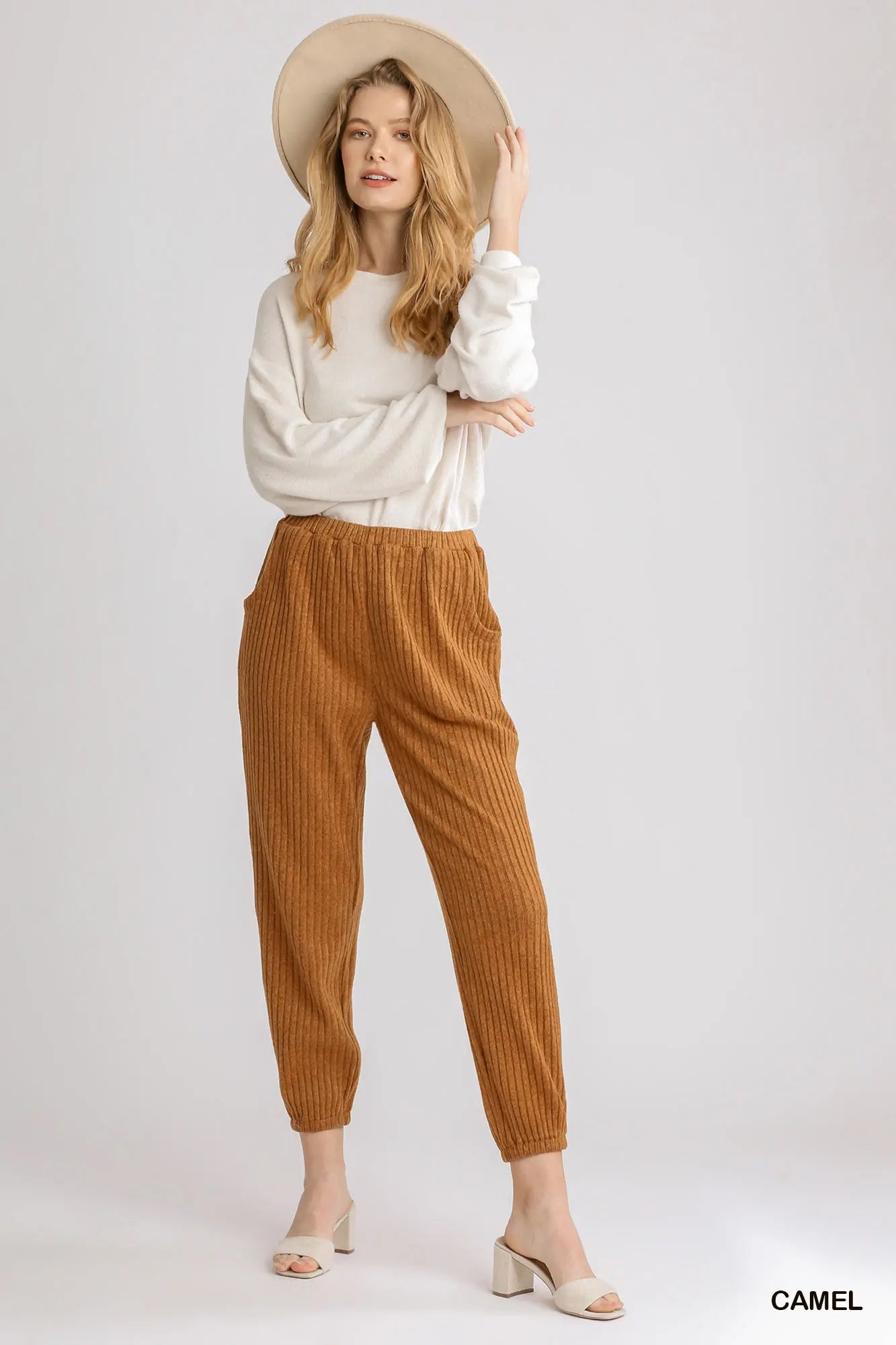 Umgee Ribbed Knit Jogger with Elastic Waistband and Pockets - camel