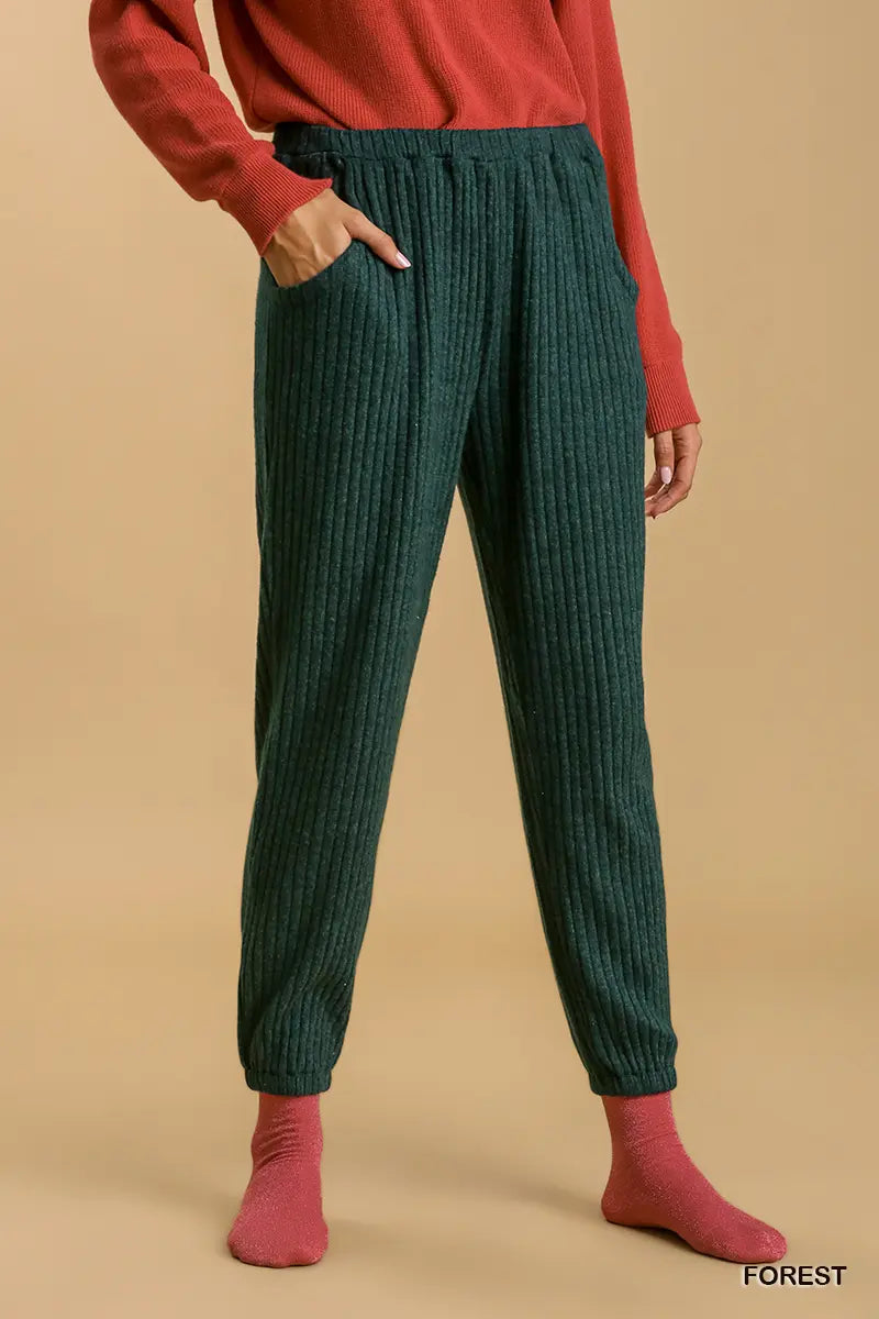 Umgee Ribbed Knit Jogger with Elastic Waistband and Pockets - Forest Green