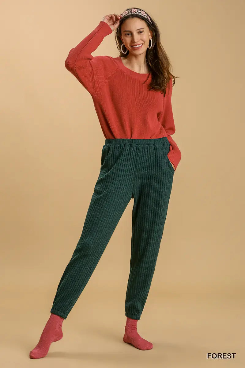 Umgee Ribbed Knit Jogger with Elastic Waistband and Pockets - Forest Green