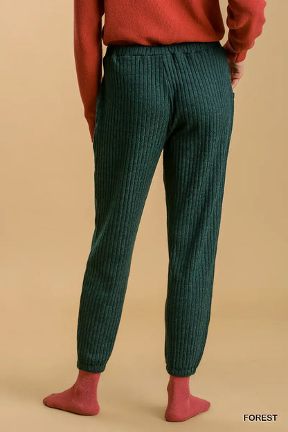 Umgee Ribbed Knit Jogger with Elastic Waistband and Pockets - Forest Green