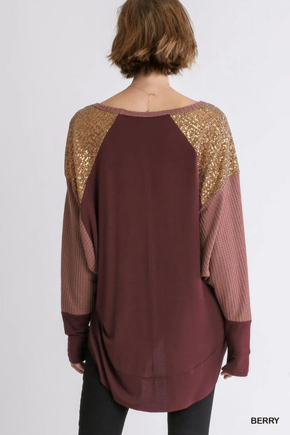 Umgee Dolman Long Sleeve Waffle Knit Top with Sequin Shoulder Detail and High Low Hem