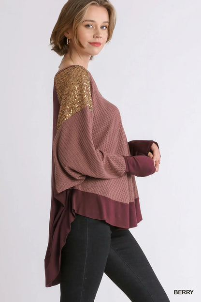 Umgee Dolman Long Sleeve Waffle Knit Top with Sequin Shoulder Detail and High Low Hem