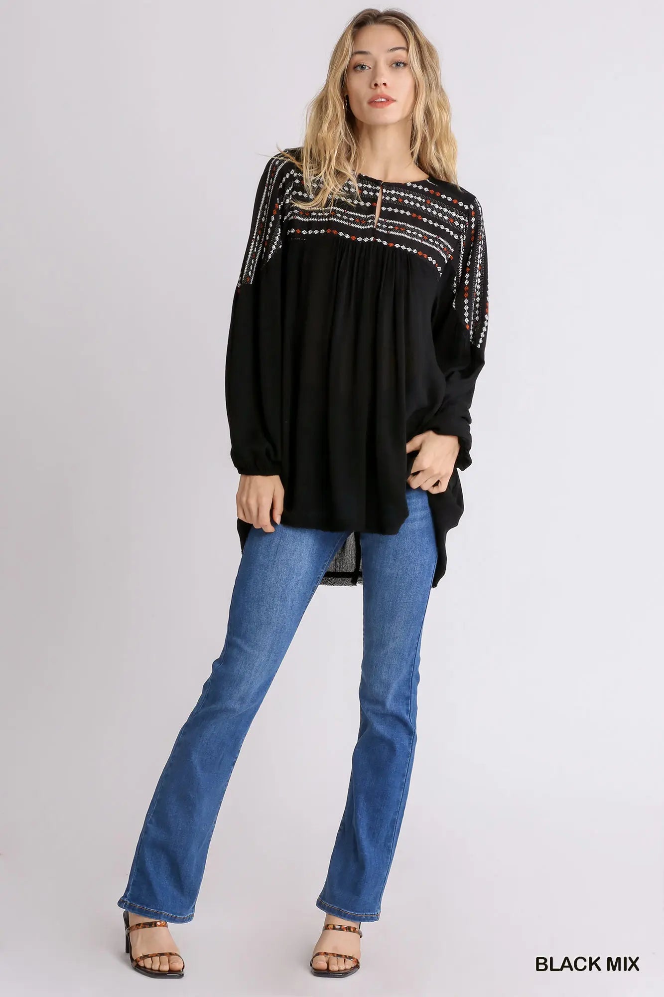 Umgee Mixed Print Keyhole Front Yoke Clasp Tunic