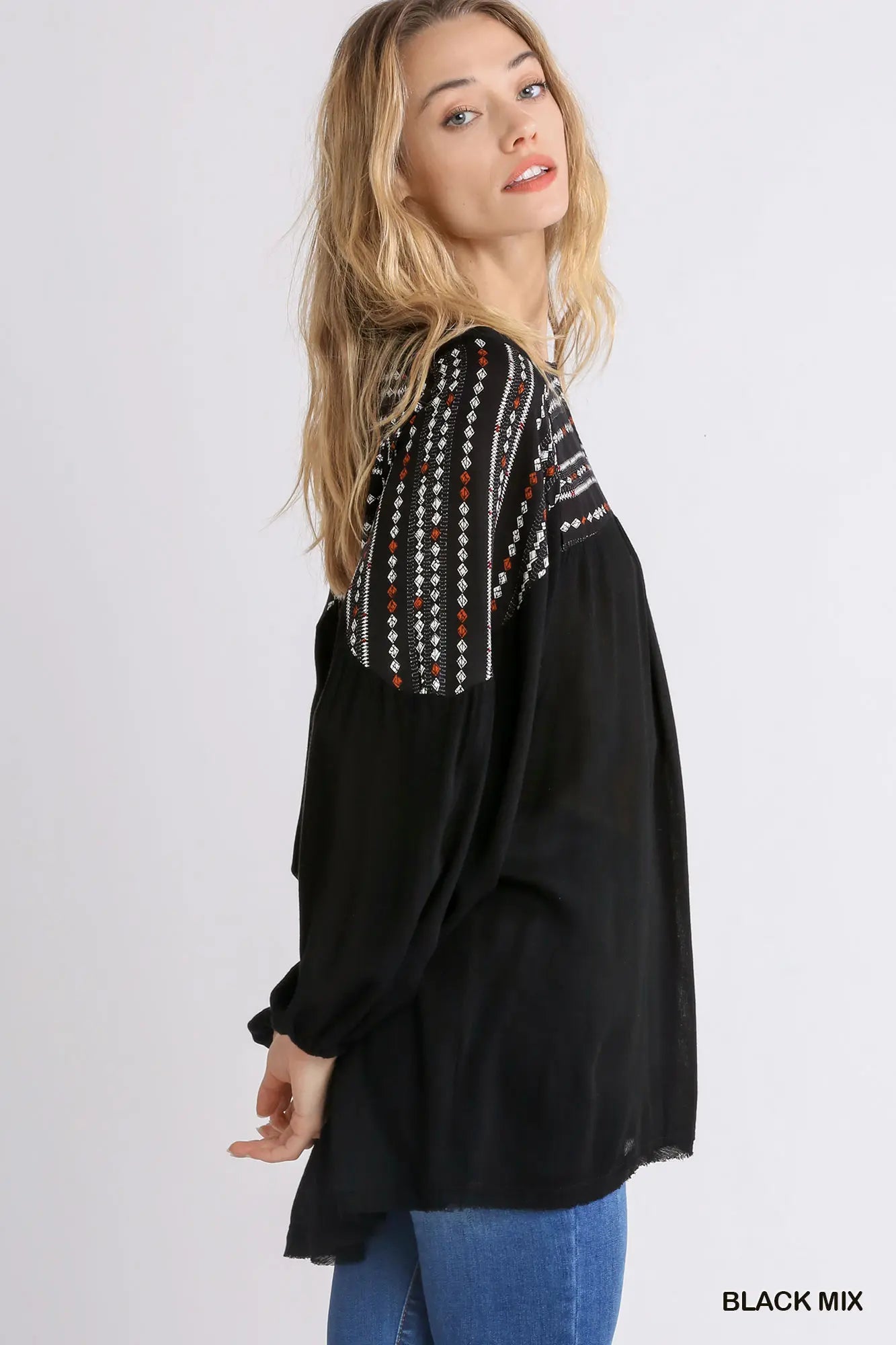 Umgee Mixed Print Keyhole Front Yoke Clasp Tunic