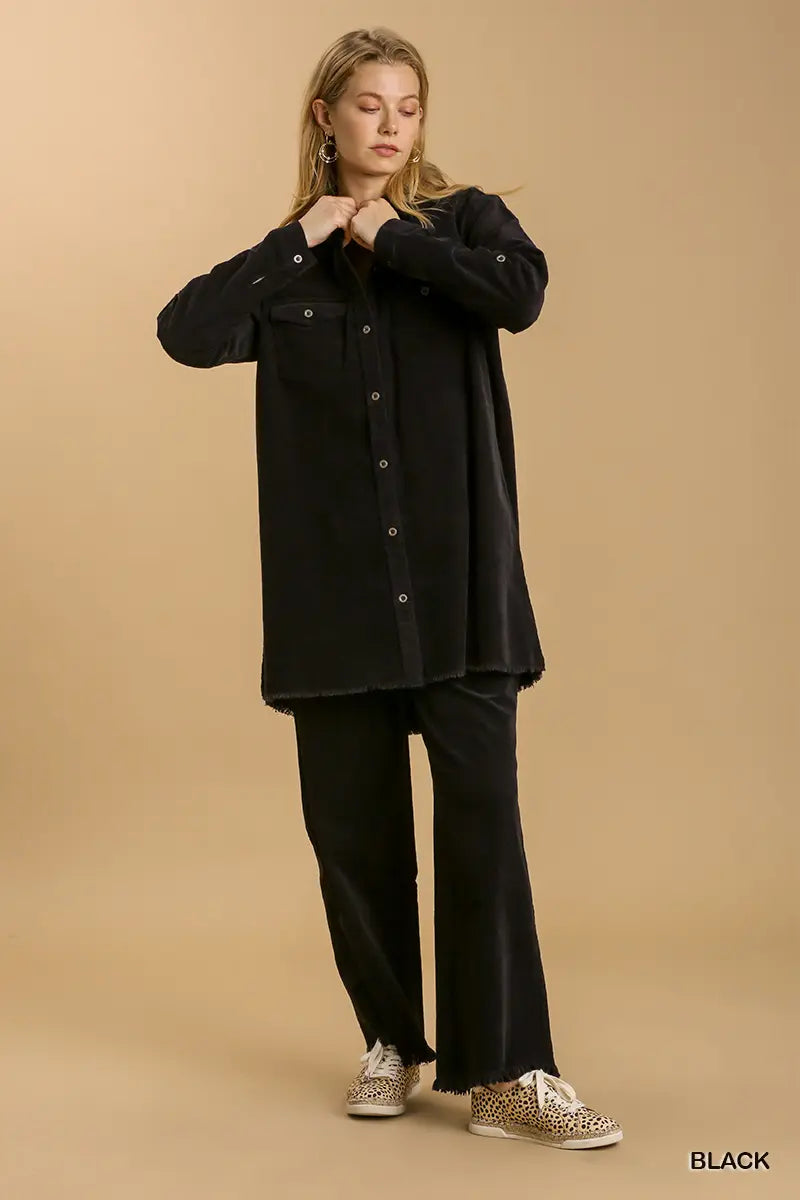 Umgee Non-Stretch Denim Shirt with Chest Pockets and Unfinished Hemline