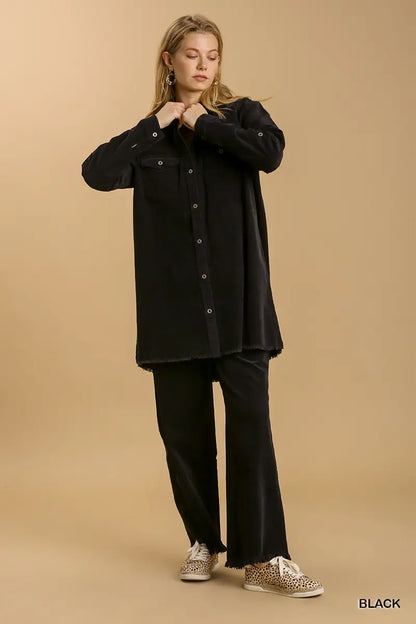 Umgee Non-Stretch Denim Shirt with Chest Pockets and Unfinished Hemline