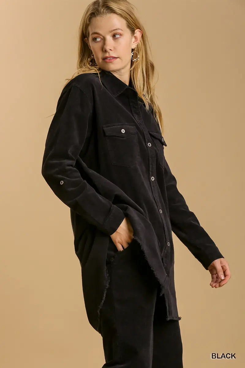Umgee Non-Stretch Denim Shirt with Chest Pockets and Unfinished Hemline
