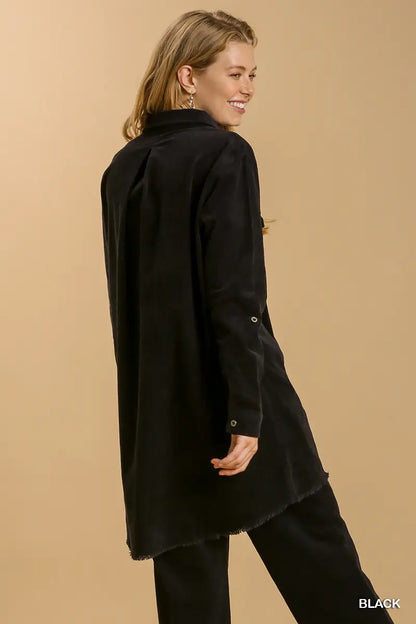 Umgee Non-Stretch Denim Shirt with Chest Pockets and Unfinished Hemline