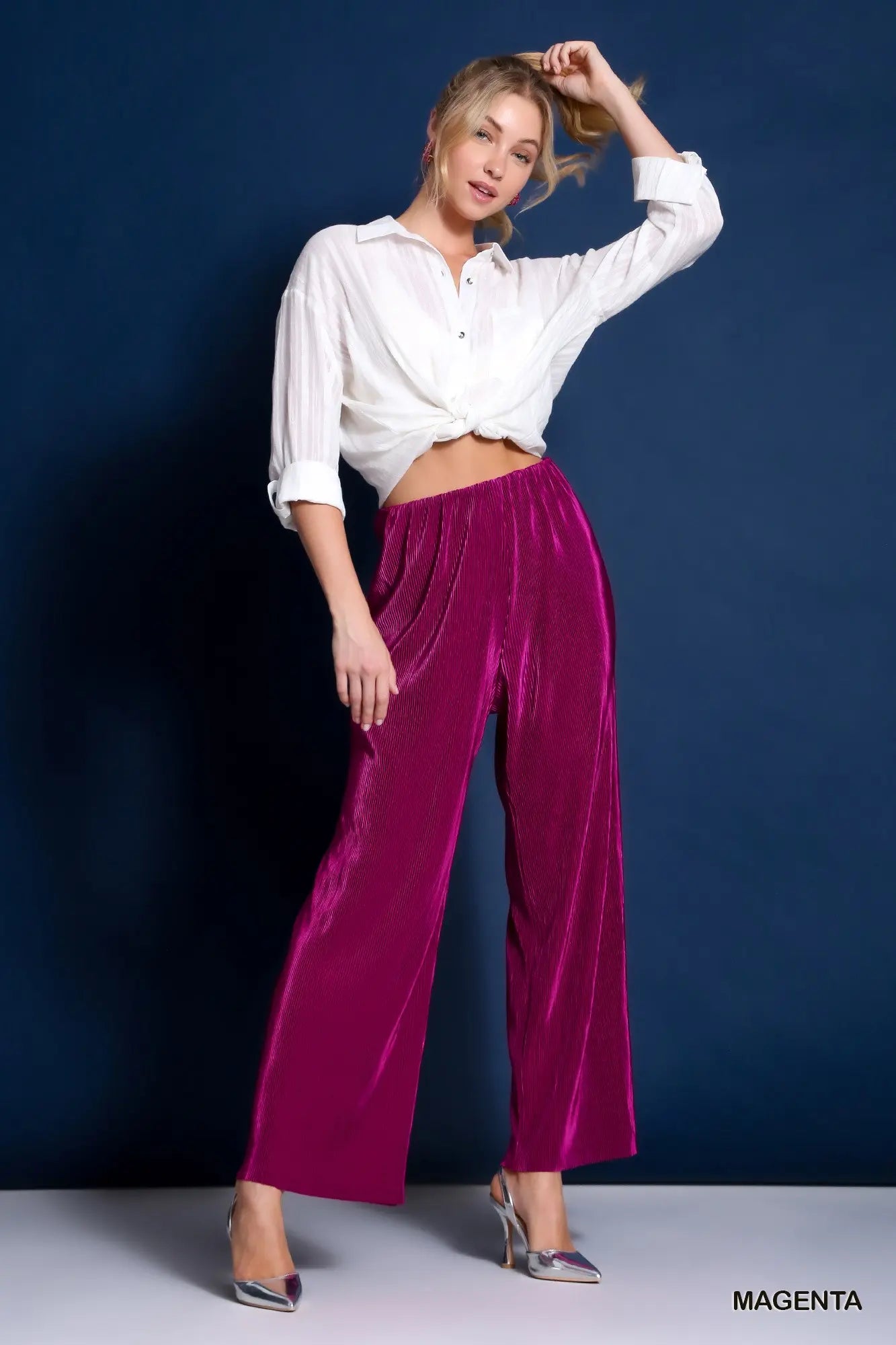 Umgee Pleated Satin Wide Bottoms with Elastic Waistband