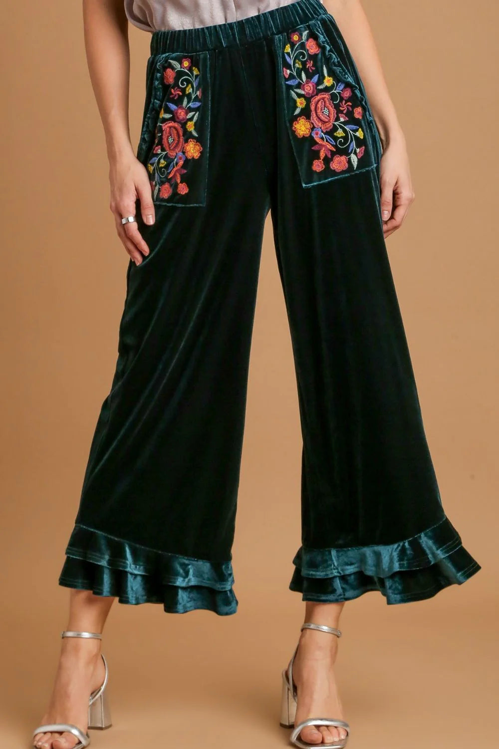 Plus Umgee Velour Ruffle Hem Pants with Embroidered - 2 colors