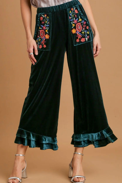 Plus Umgee Velour Ruffle Hem Pants with Embroidered - 2 colors