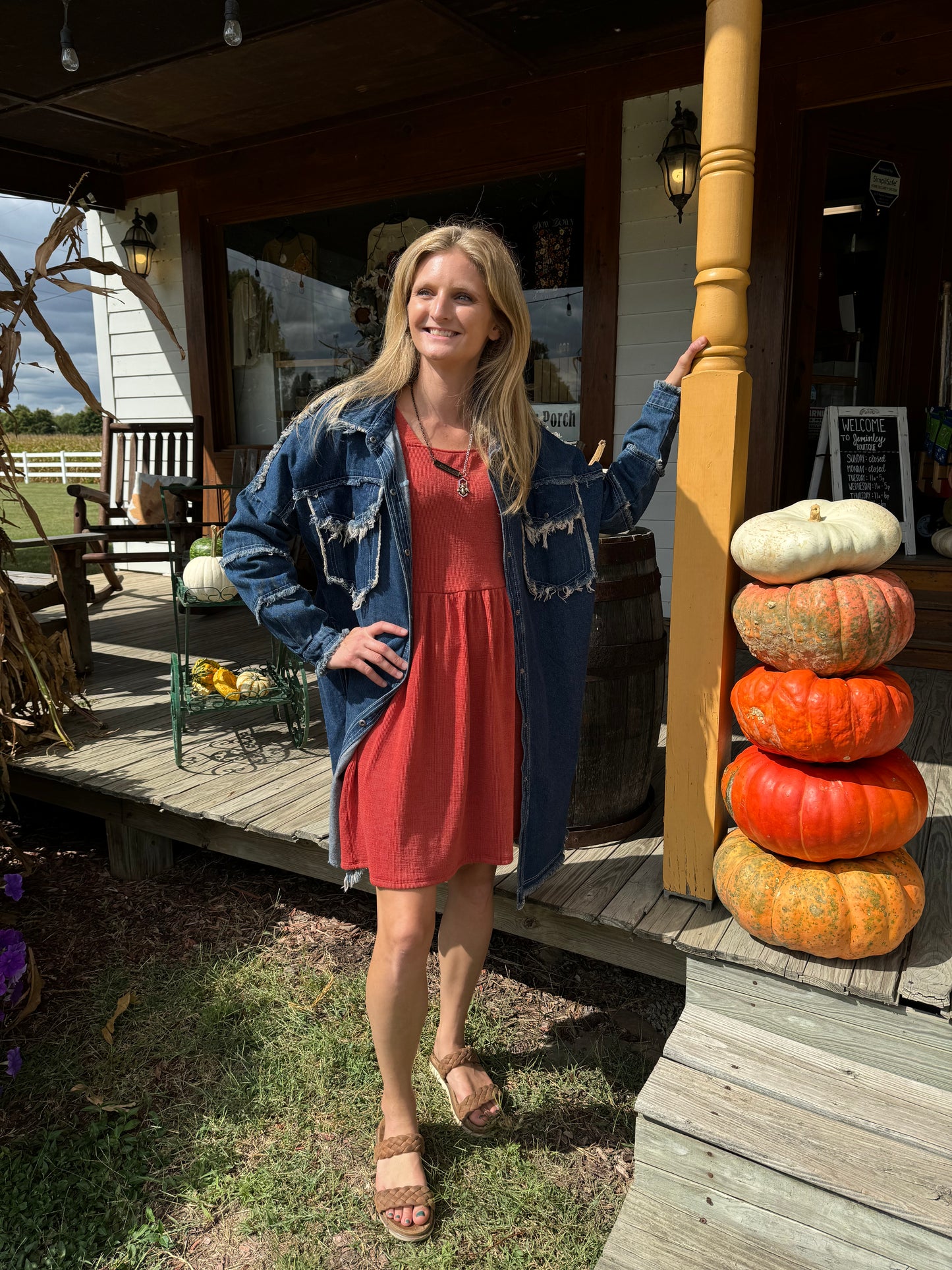 Long Denim Jacket with Frayed Trim