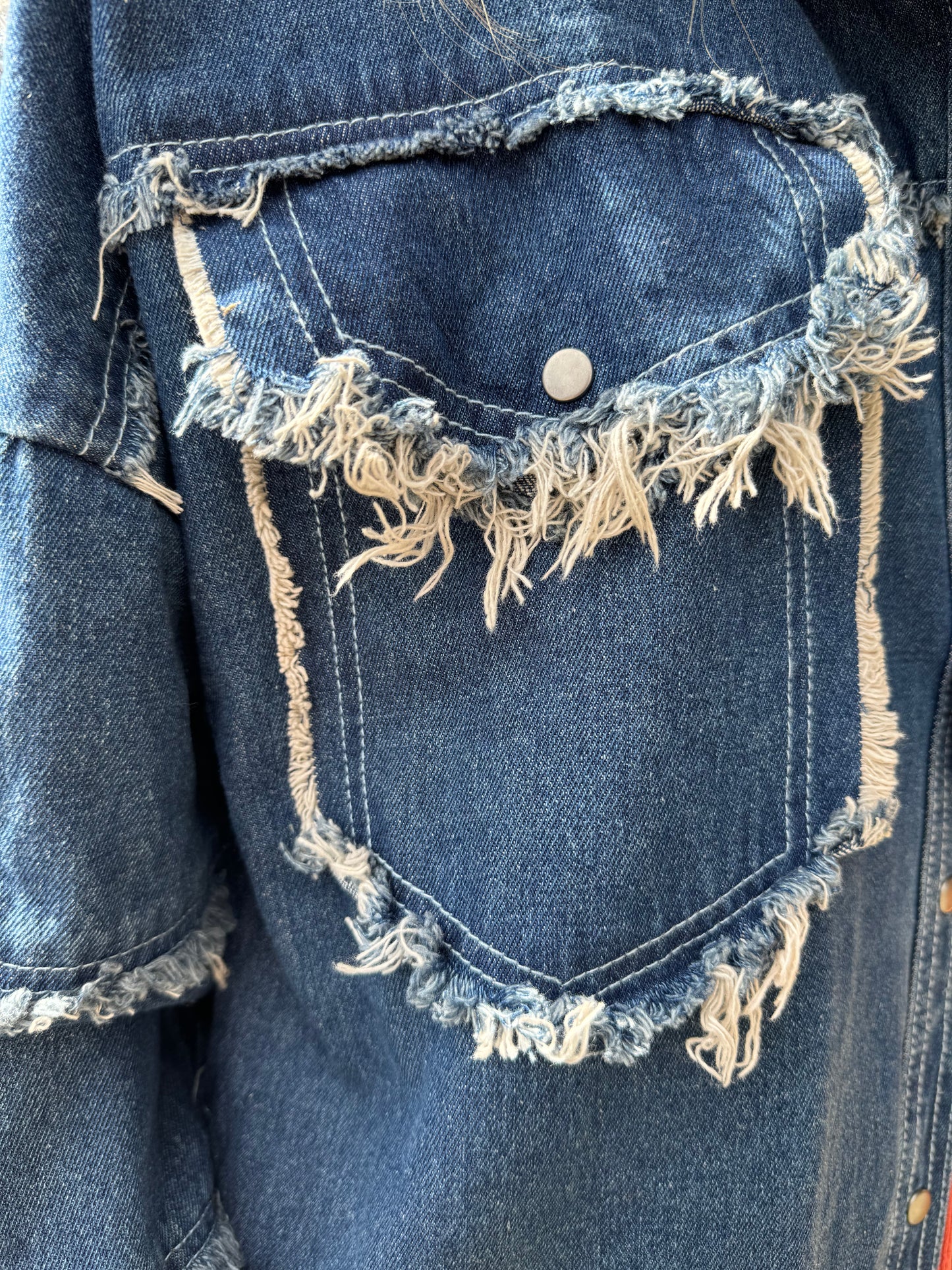 Long Denim Jacket with Frayed Trim