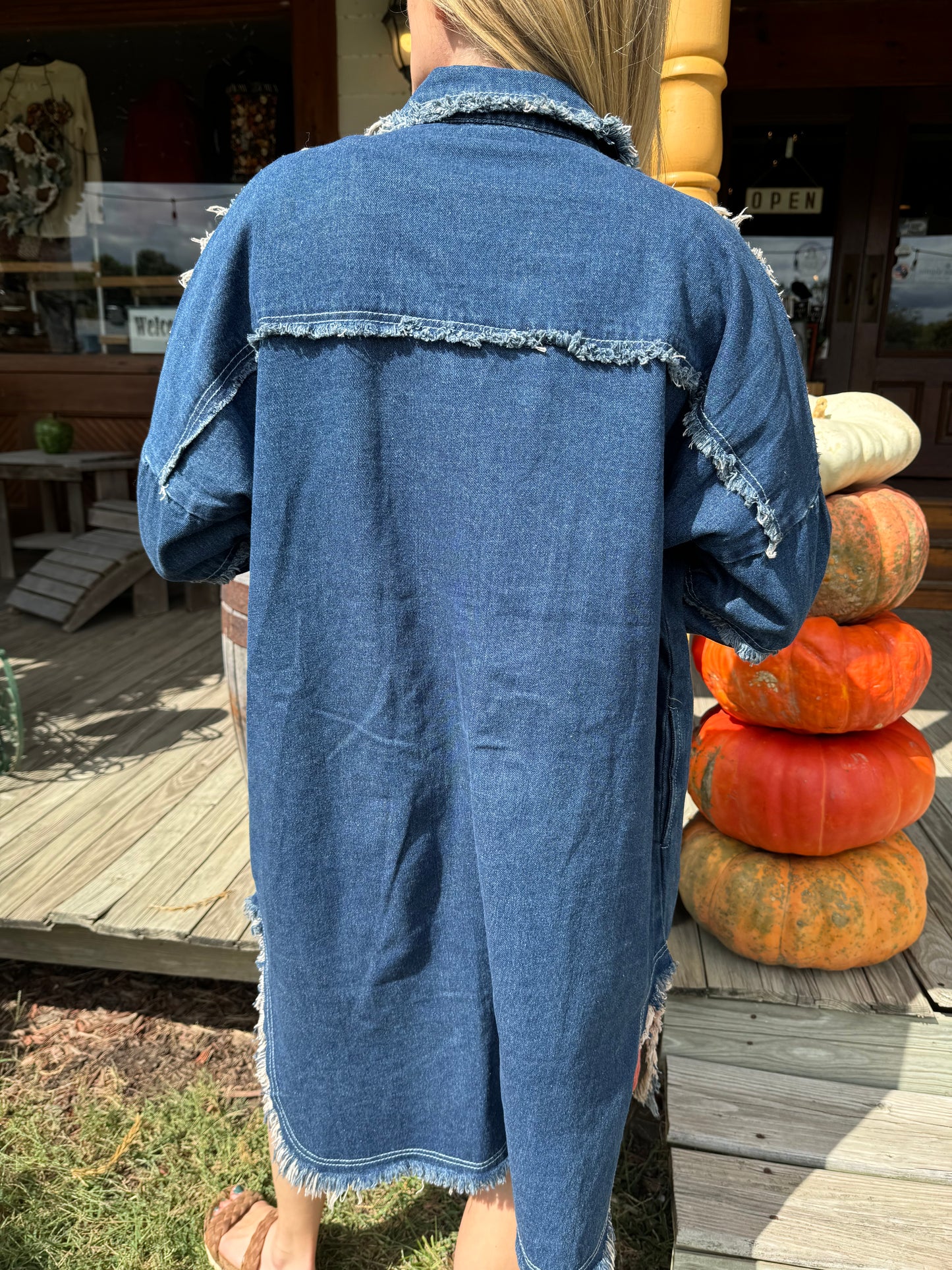 Long Denim Jacket with Frayed Trim