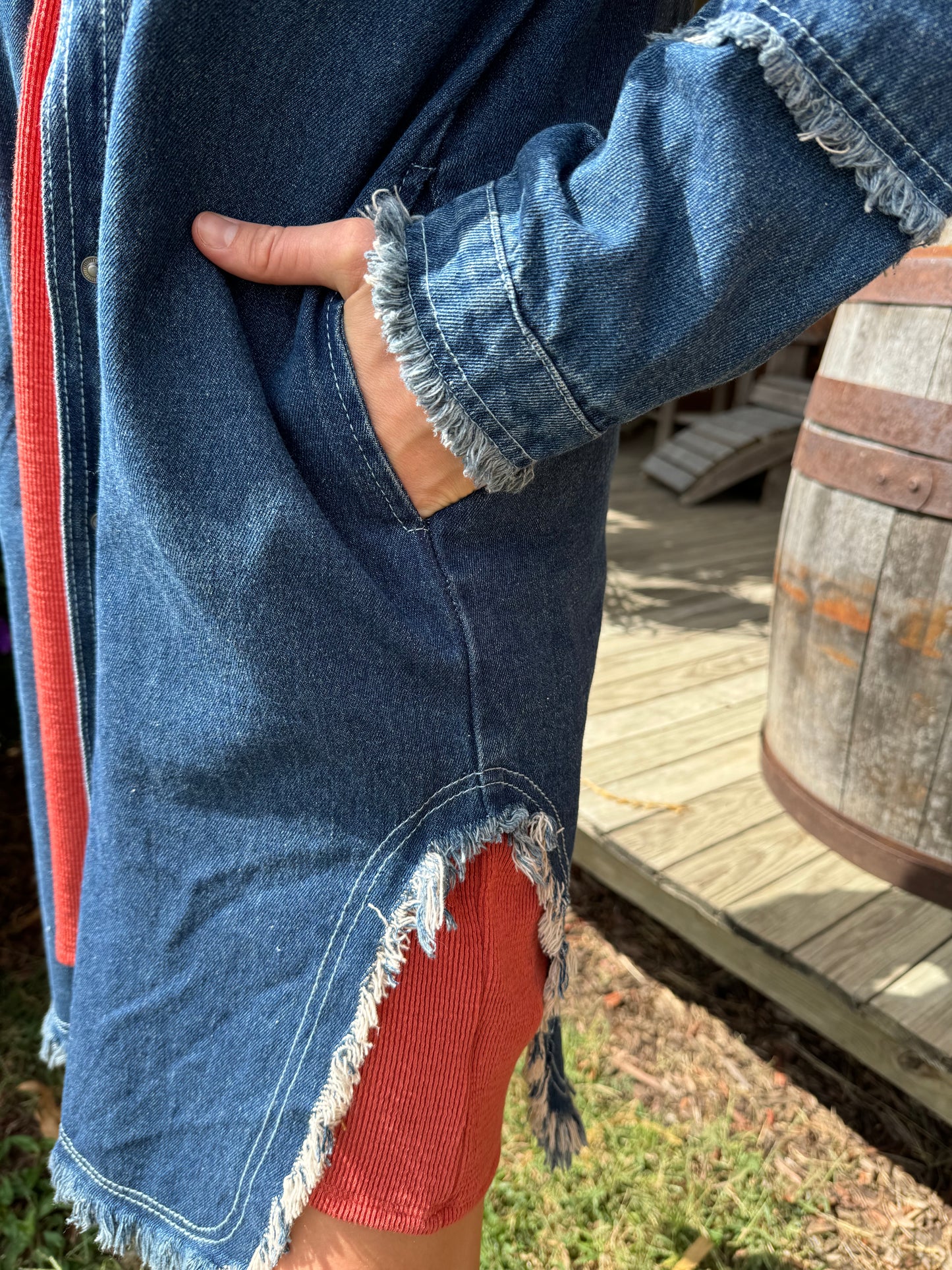 Long Denim Jacket with Frayed Trim