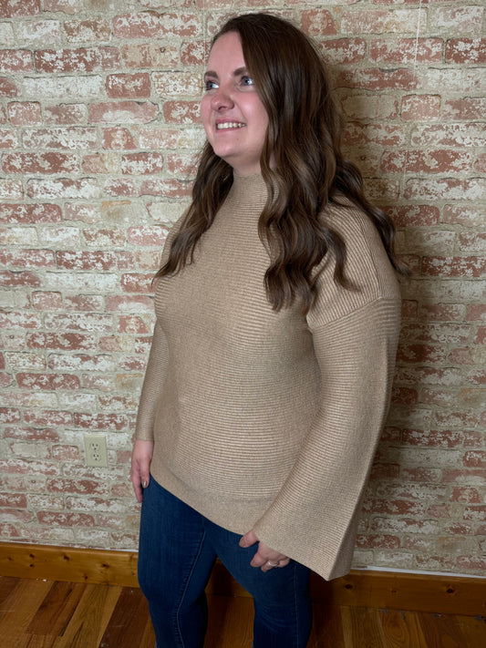 Light Mocha Mock Neck Ribbed Sweater