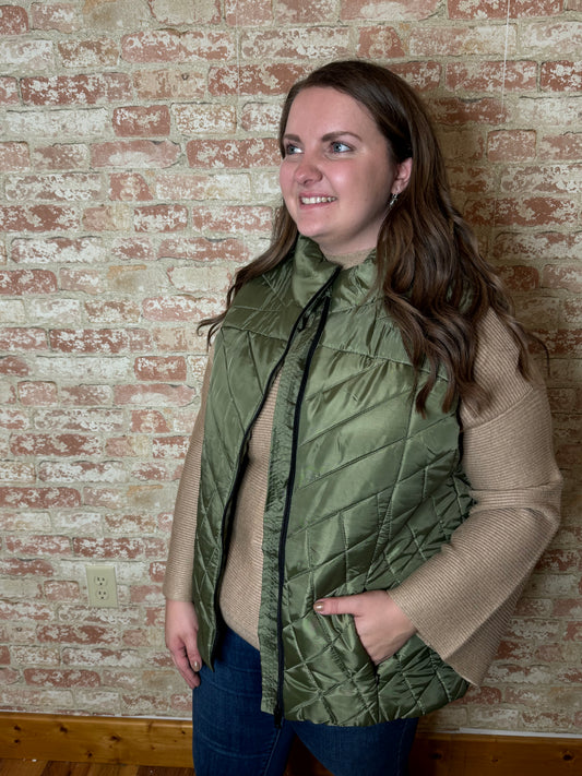 Olive Puffy Vest with Zipper and Pockets