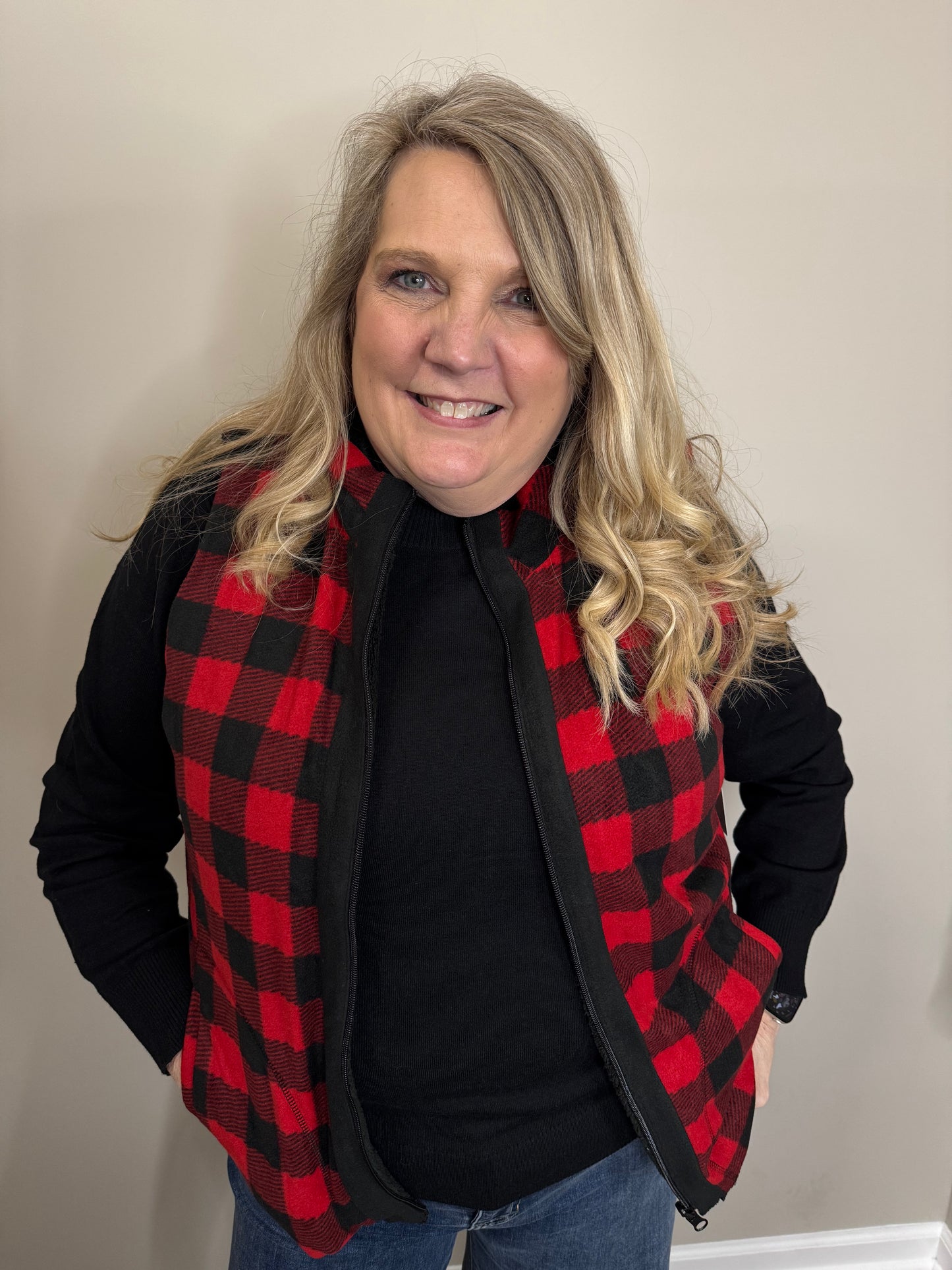 Keren Hart Black and White Reversible Buffalo Plaid and Black Sherpa Vest