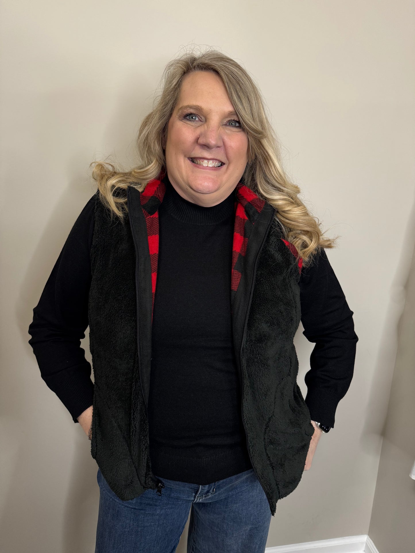 Keren Hart Black and White Reversible Buffalo Plaid and Black Sherpa Vest