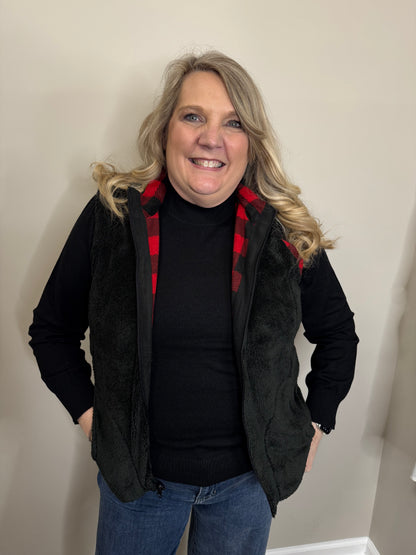 Keren Hart Black and White Reversible Buffalo Plaid and Black Sherpa Vest