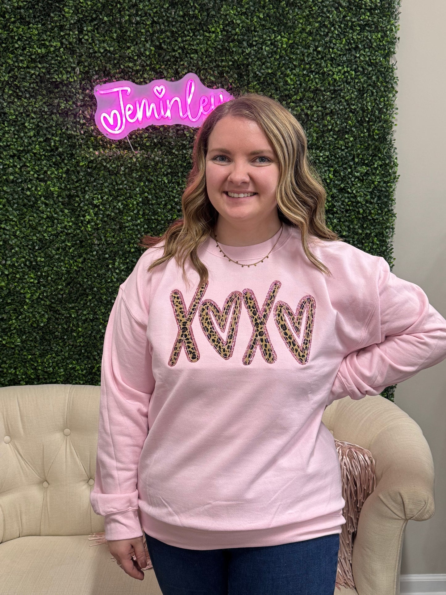 XOXO Leopard Embroidered Appliqué Crew