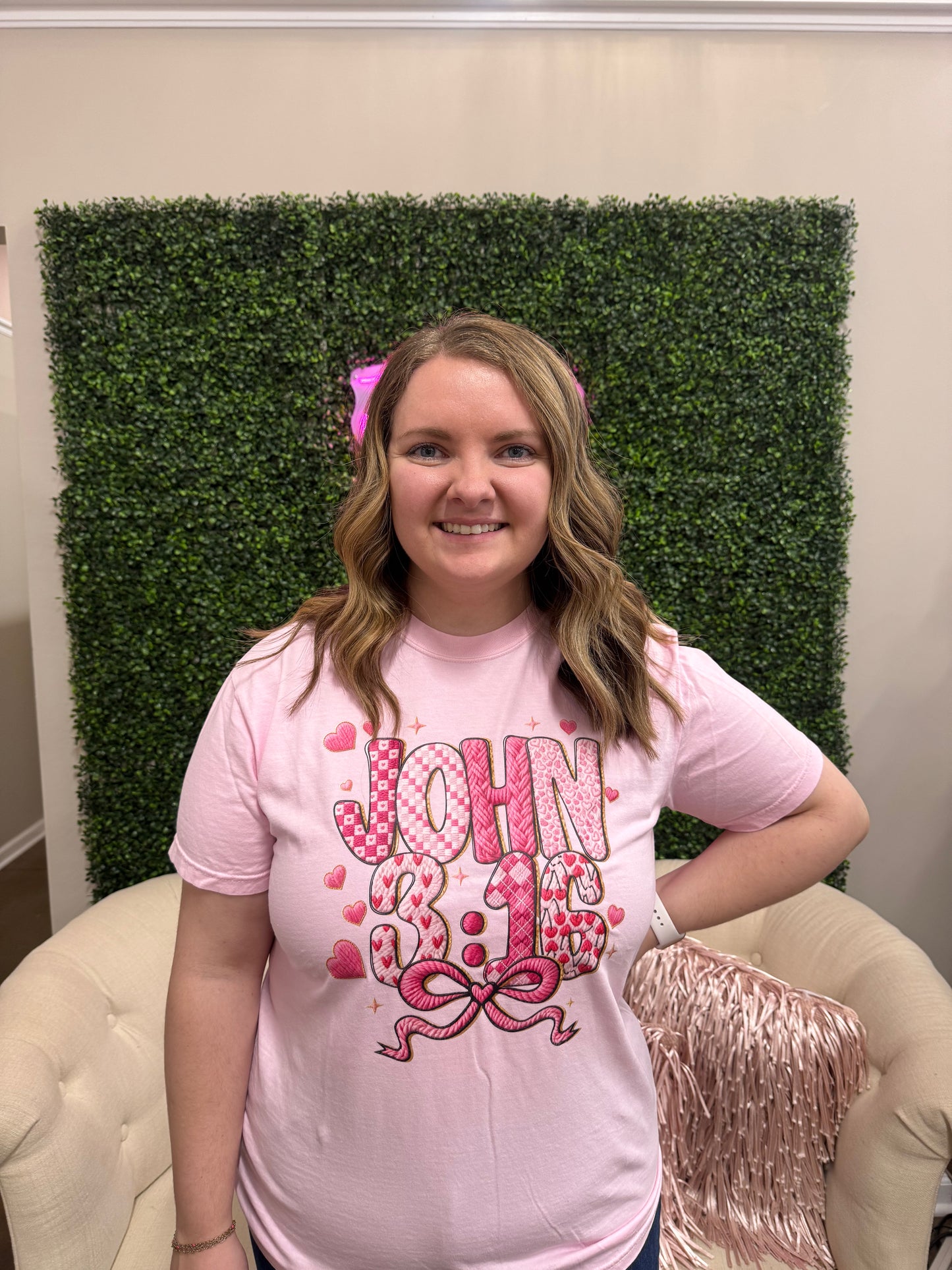 Pink John 3:16 tee with bow