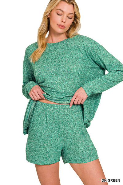Zenana Melange Lounge Shorts Set - Small to 3X - Green