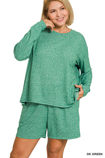 Zenana Melange Lounge Shorts Set - Small to 3X - Green