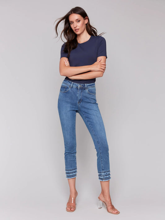 Charlie B Medium Blue Stretch Denim Cropped Skinny Pants With Frayed Hem Details