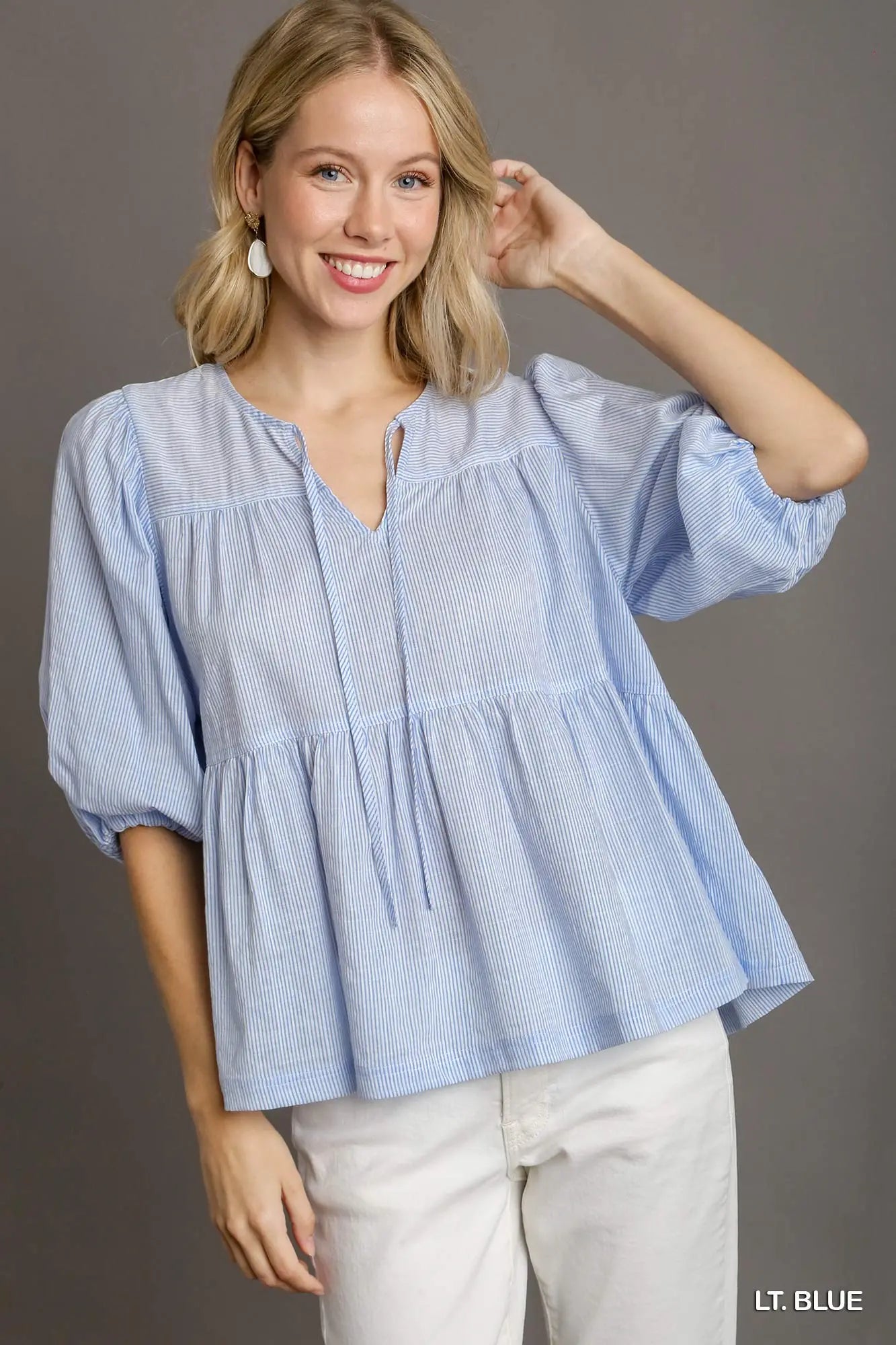 Umgee Baby Doll Split Neck Front Tie Top & 3/4 Puff Sleeves - light blue
