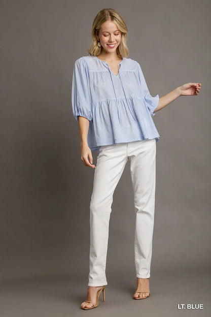 Umgee Baby Doll Split Neck Front Tie Top & 3/4 Puff Sleeves - light blue