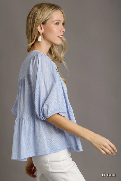 Umgee Baby Doll Split Neck Front Tie Top & 3/4 Puff Sleeves - light blue