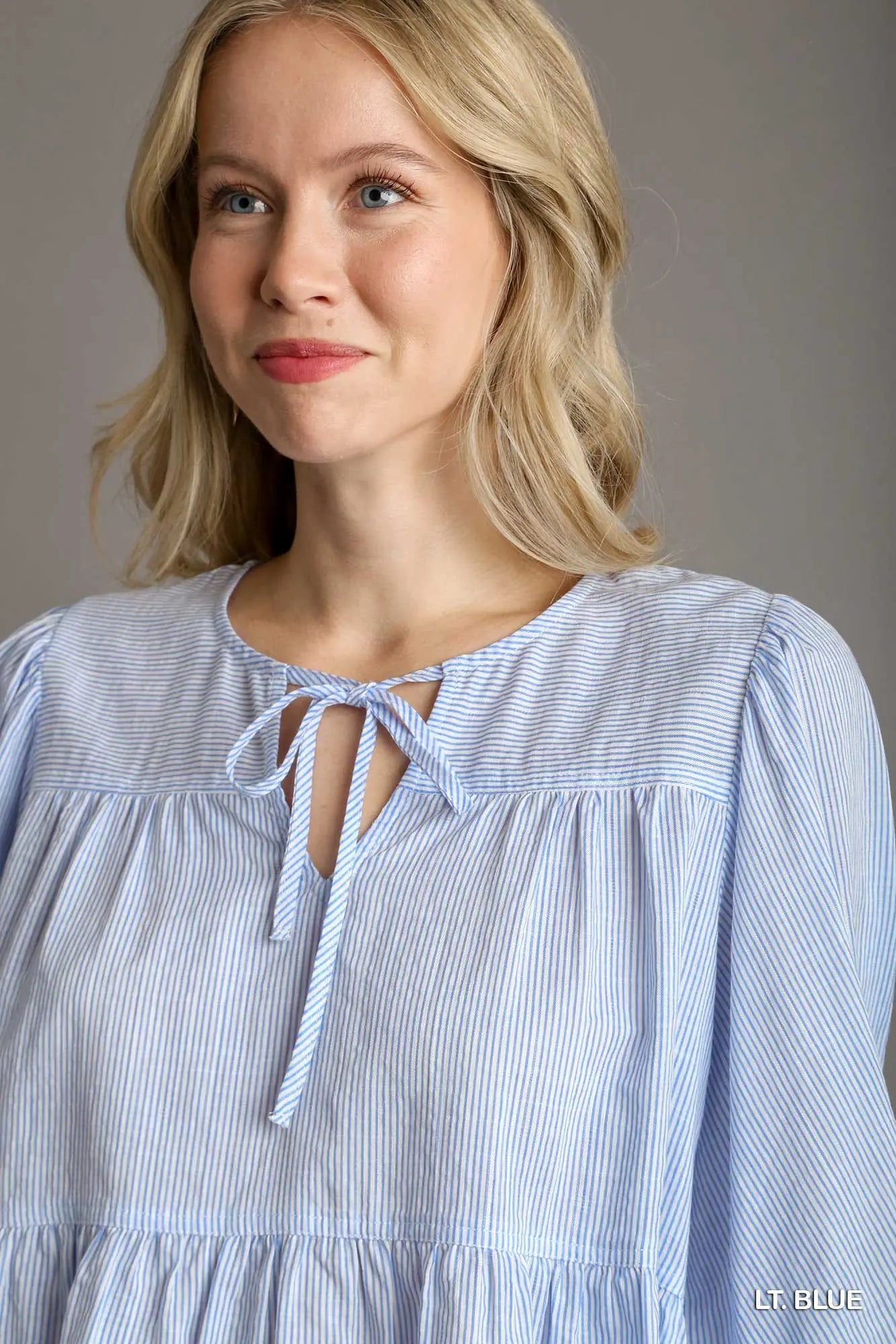 Umgee Baby Doll Split Neck Front Tie Top & 3/4 Puff Sleeves - light blue
