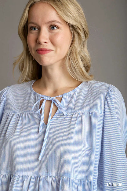Umgee Baby Doll Split Neck Front Tie Top & 3/4 Puff Sleeves - light blue