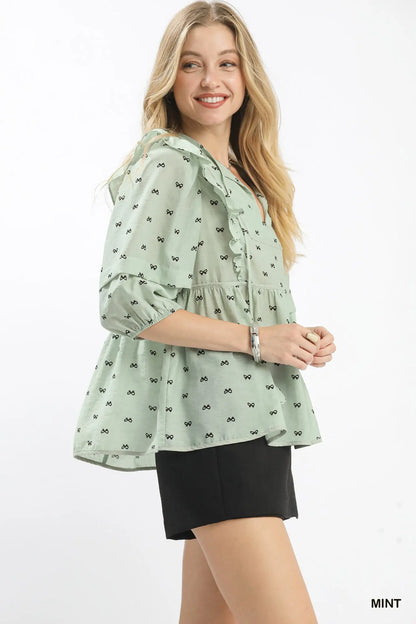 Umgee Ruffle Sleeve Bow Print Blouse - Mint