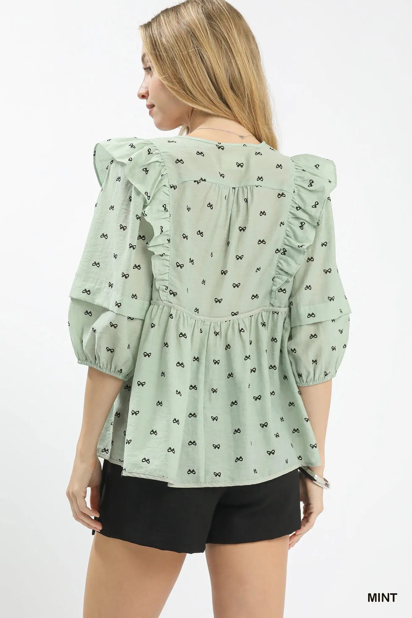 Umgee Ruffle Sleeve Bow Print Blouse - Mint