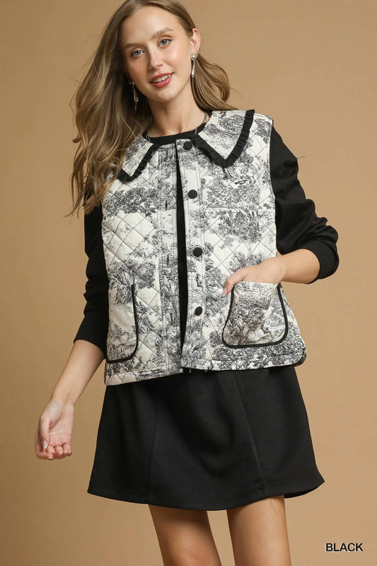 Umgee Toile Quilted Vest with Ruffle Collar - Black