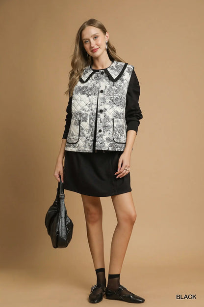 Umgee Toile Quilted Vest with Ruffle Collar - Black
