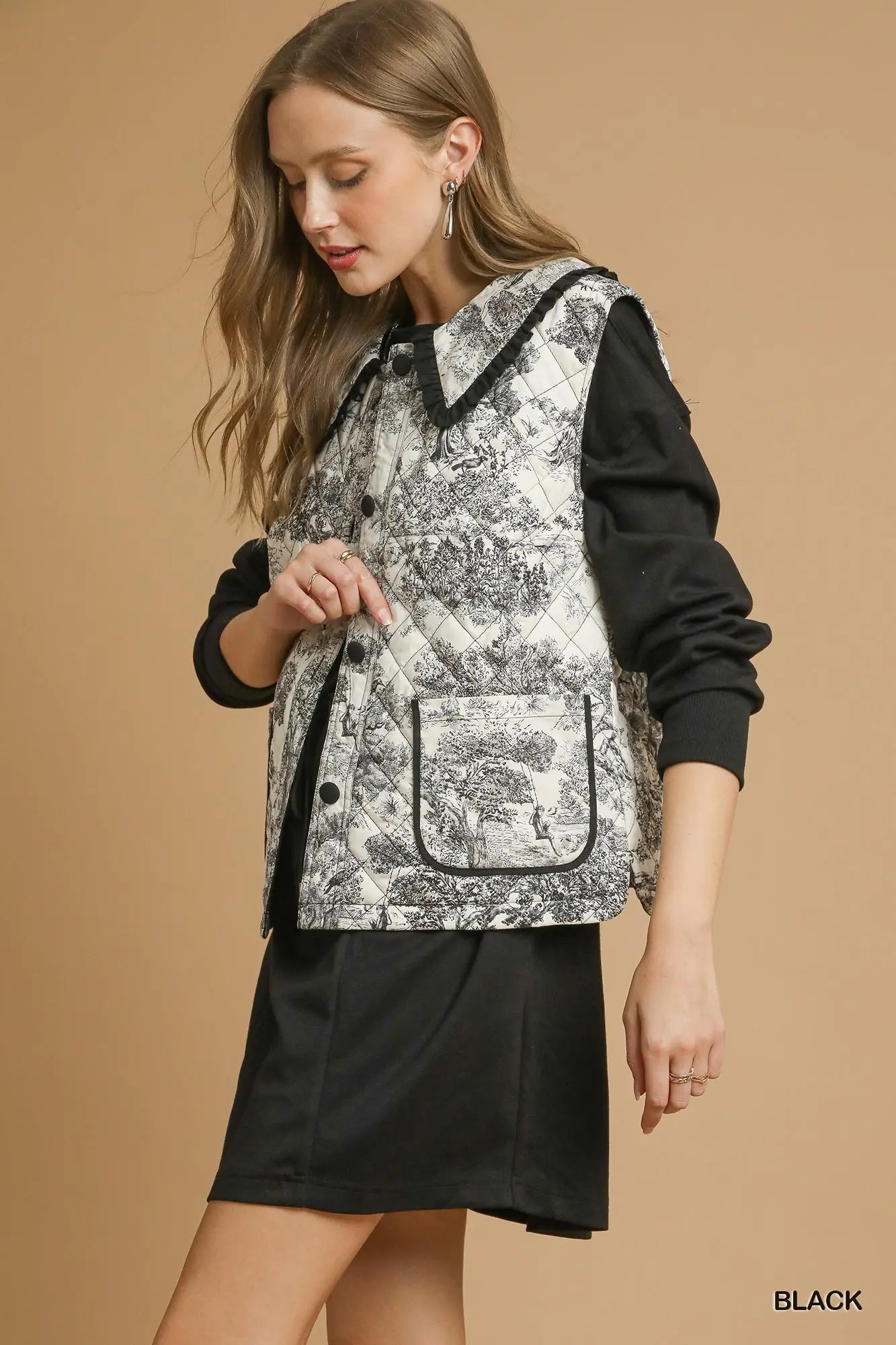 Umgee Toile Quilted Vest with Ruffle Collar - Black
