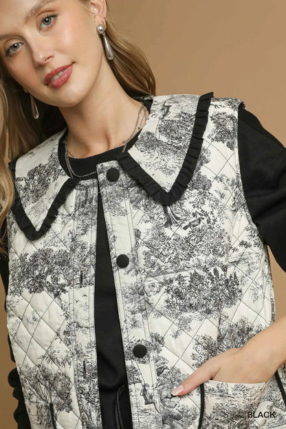 Umgee Toile Quilted Vest with Ruffle Collar - Black