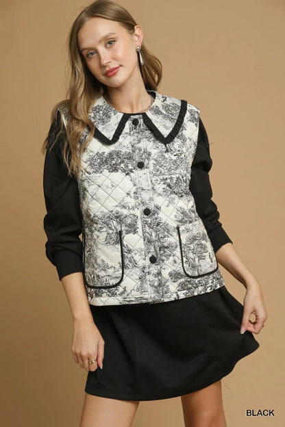 Umgee Toile Quilted Vest with Ruffle Collar - Black