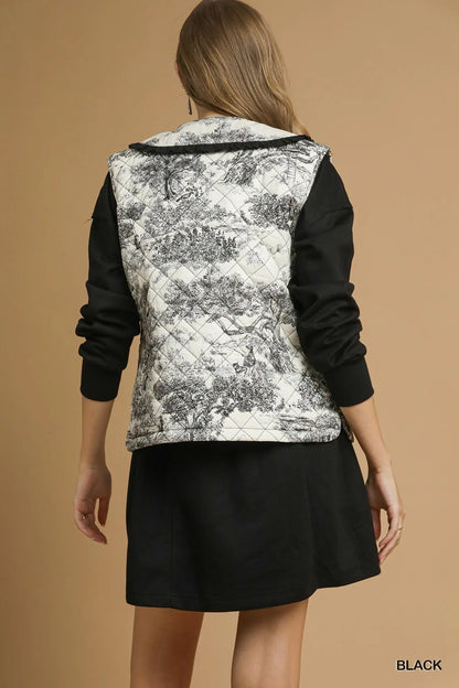 Umgee Toile Quilted Vest with Ruffle Collar - Black