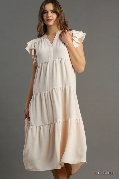 Umgee Solid Split Neck Midi Dress - Eggshell