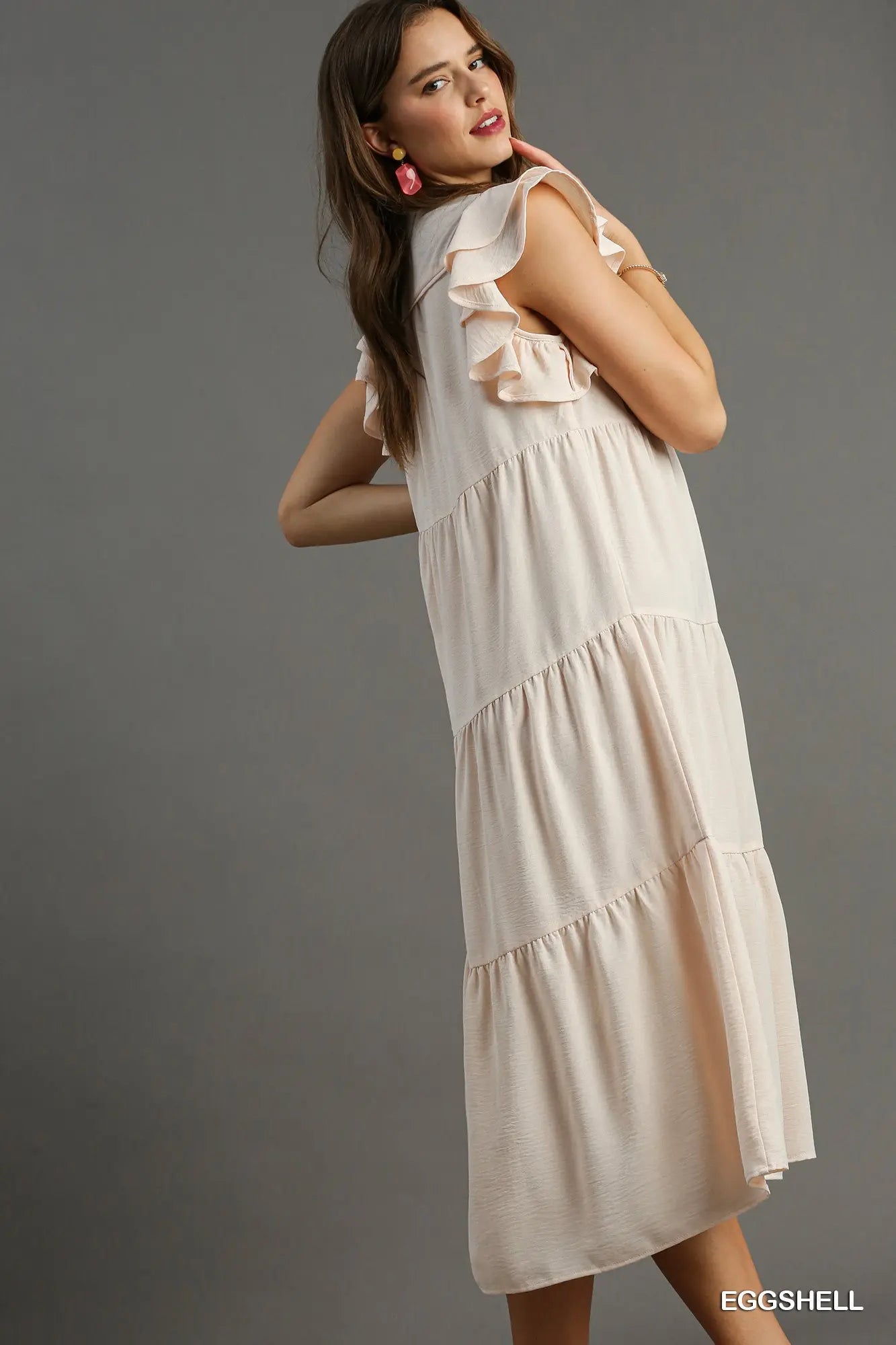 Umgee Solid Split Neck Midi Dress - Eggshell