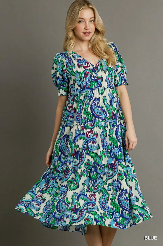 Umgee Paisley V-Neck Tiered Mid Button Down Midi Dress