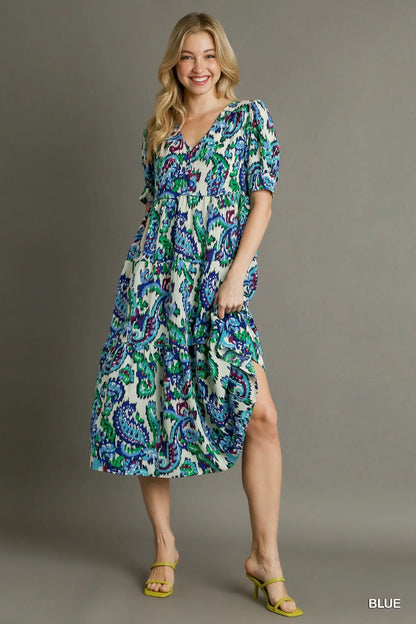 Umgee Paisley V-Neck Tiered Mid Button Down Midi Dress